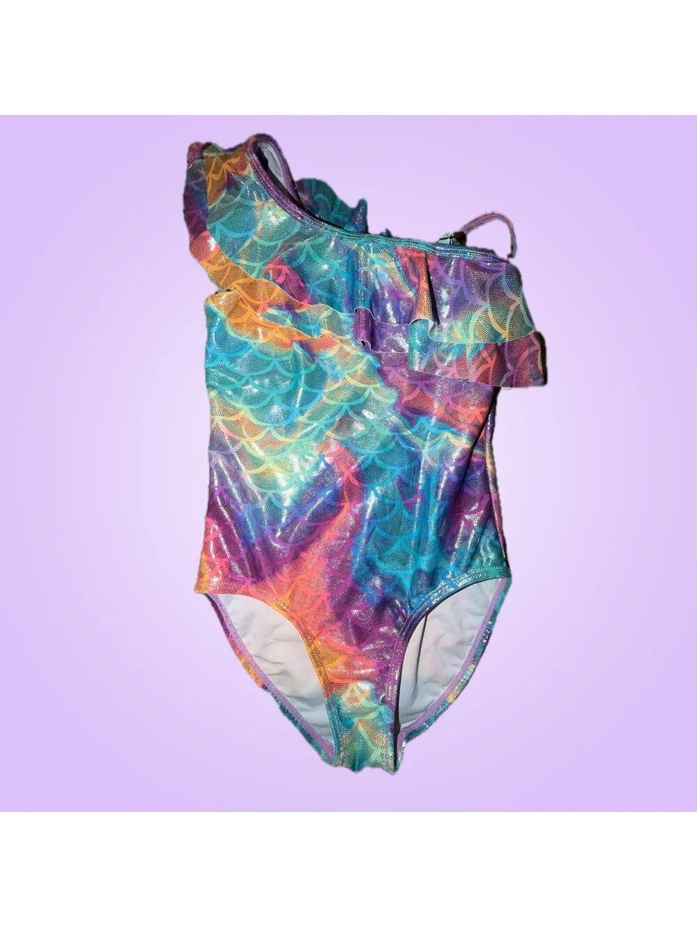 Girls Size 5/6 Rainbow Mermaid Scale Ruffle One-Piece Swimsuit
